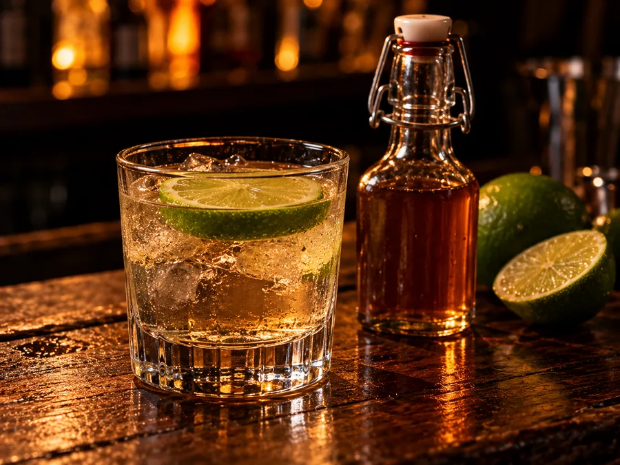 Rum over ice with lime and a bottle of house syrup