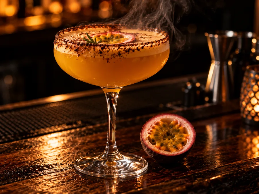 Smoked-rim passionfruit sour in a coupe glass
