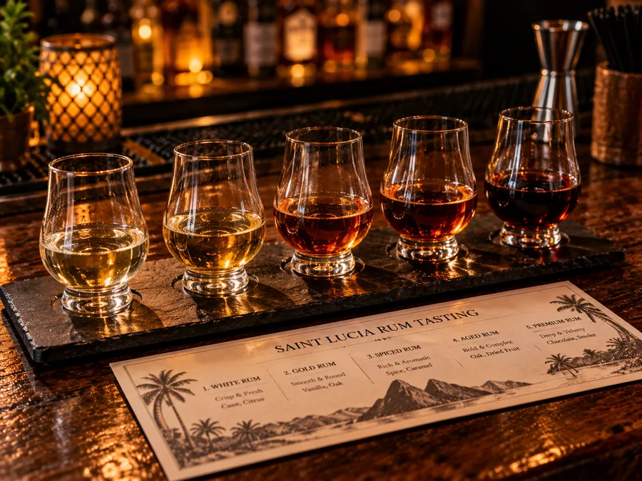 Five rum tasting glasses on a slate board with a tasting card