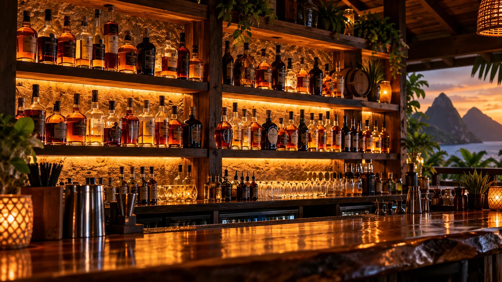 Backlit bar shelf of rum bottles glowing at dusk