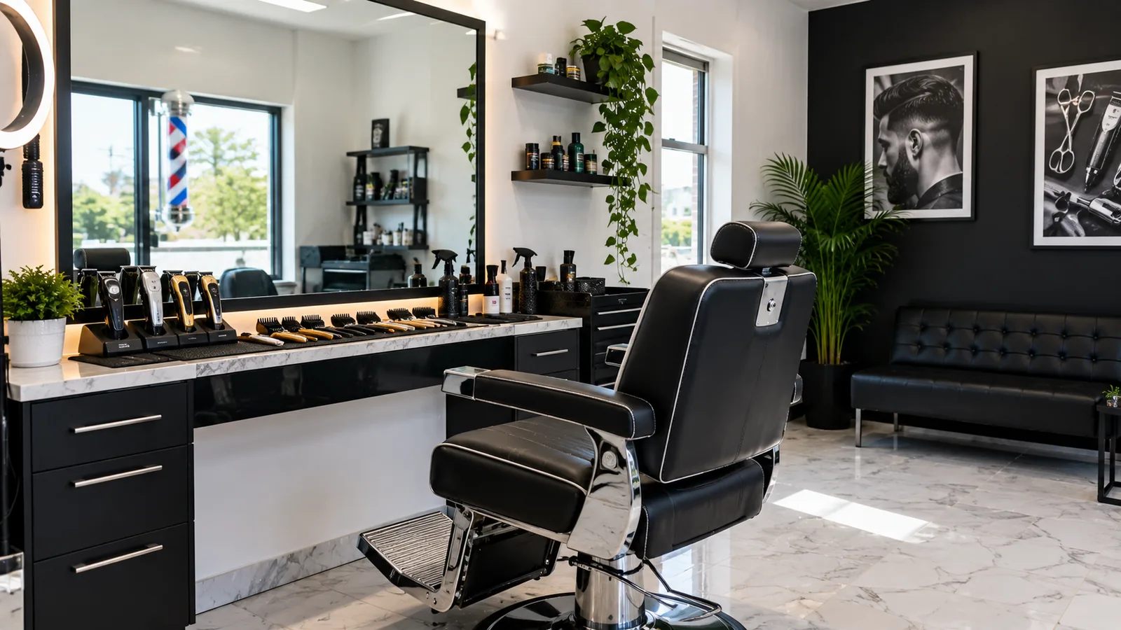 Barber chair, mirror and clippers in a bright shop