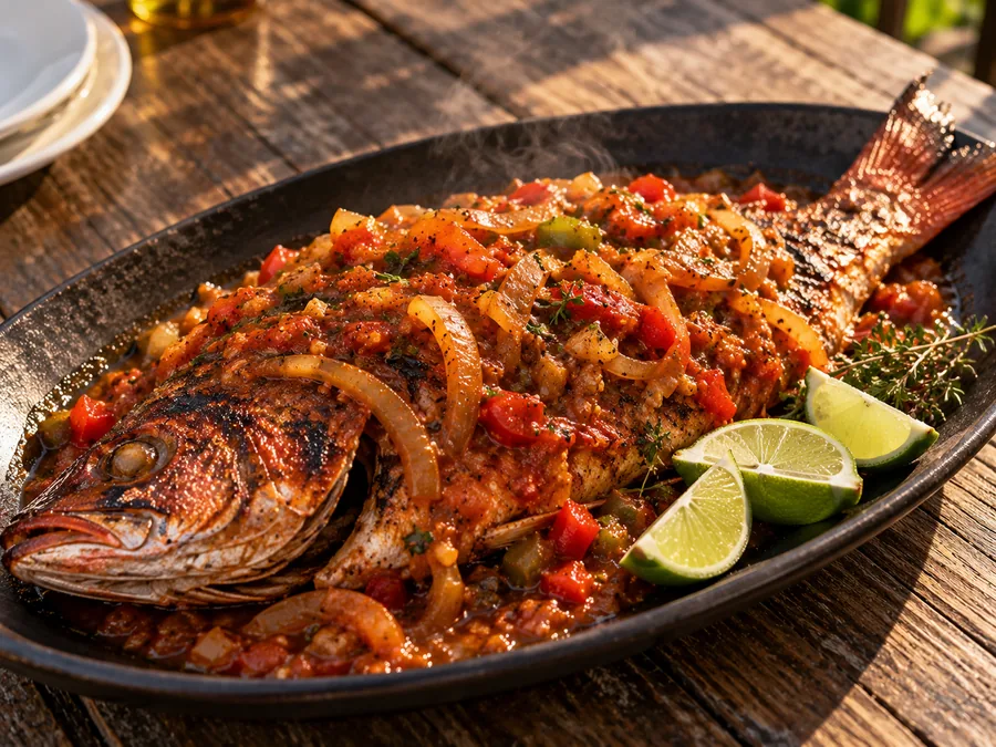Whole grilled snapper in creole sauce with lime