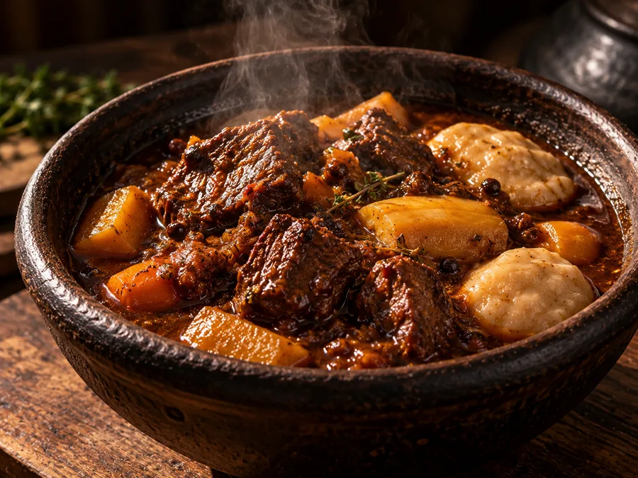 Bowl of beef pepperpot with provisions and dumplings