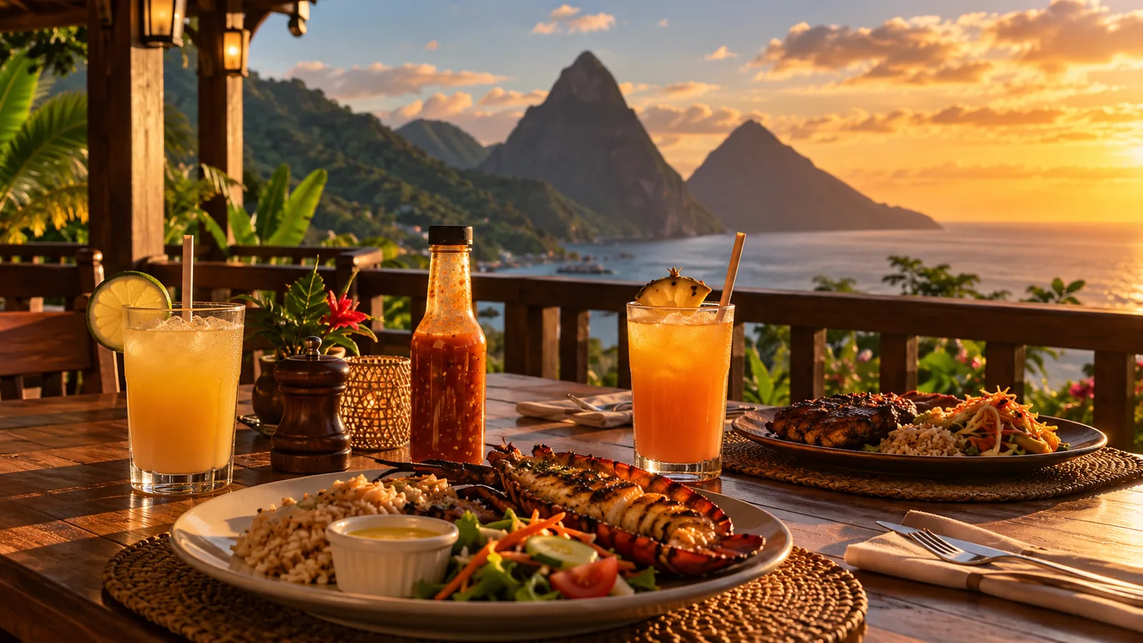 Verandah table set for dinner at sunset with the Pitons behind