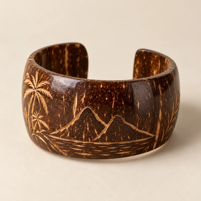 Carved coconut shell cuff bracelet