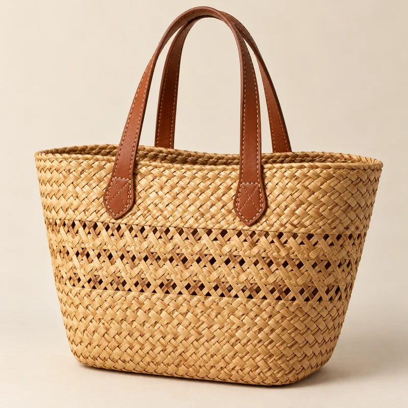 Woven grass tote bag with leather handles