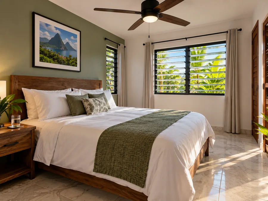 Garden double room with ceiling fan and louvre windows