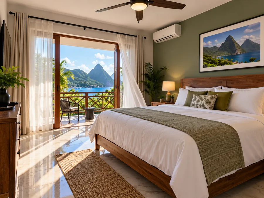 Bedroom with an open balcony door looking over the bay