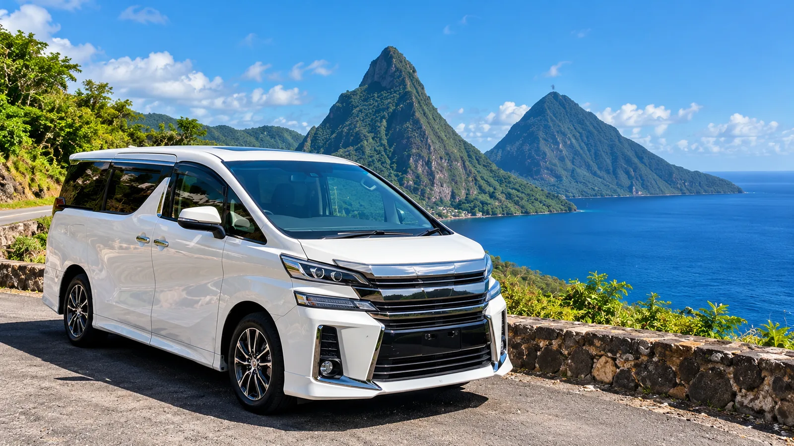 White passenger van at a coastal lookout with the Pitons behind
