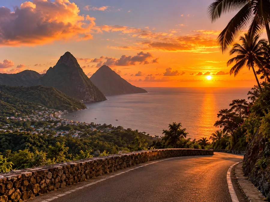 Coastal road curving toward the Pitons at sunset